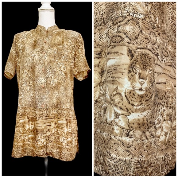 Vintage 90’s Silk Leopard Python Jungle Print Blouse Small - Picture 2 of 11